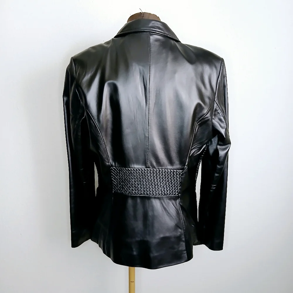 Sharif Studio Blazer Jacket Womens Size Medium Black Leather Weave Detail Biker